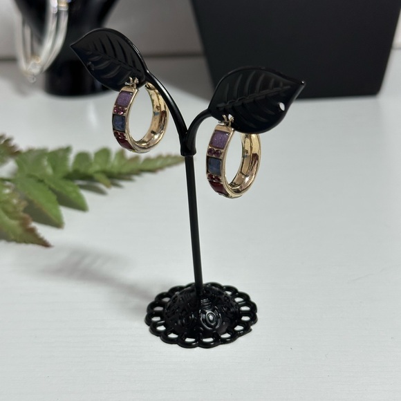 Signed Liz Claiborne Pierced Earrings Enamel Hoops Multicolor Rhinestone 3/4” - Picture 2 of 8